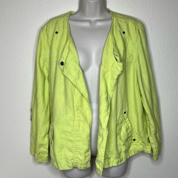 Chicos Drape Front Easy Linen Jacket Chartreuse Roll Tab Sleeve Women Size Large - Picture 16 of 16
